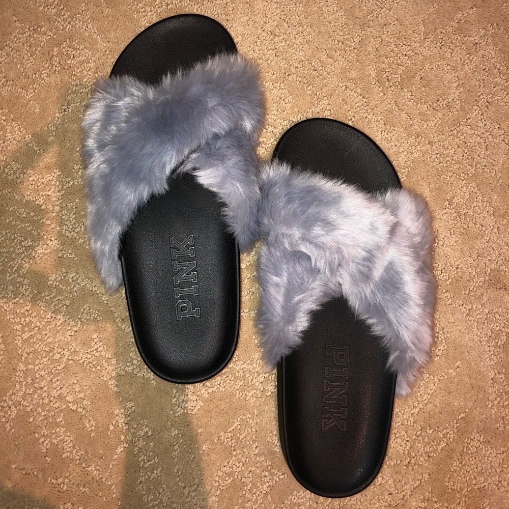 PINK grey fur slides